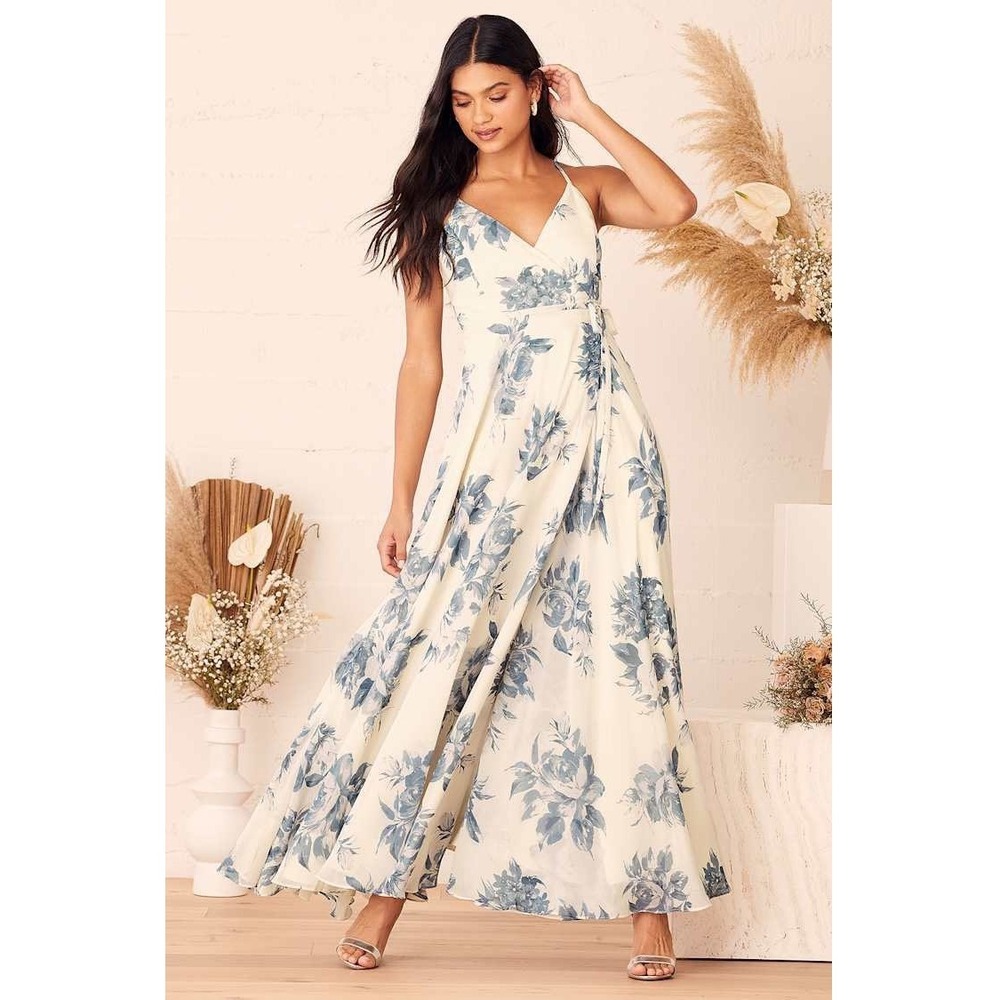 Lulus Elegantly Inclined Wrap Dress Women XL Blue‎ Cream Floral Print Maxi Boho